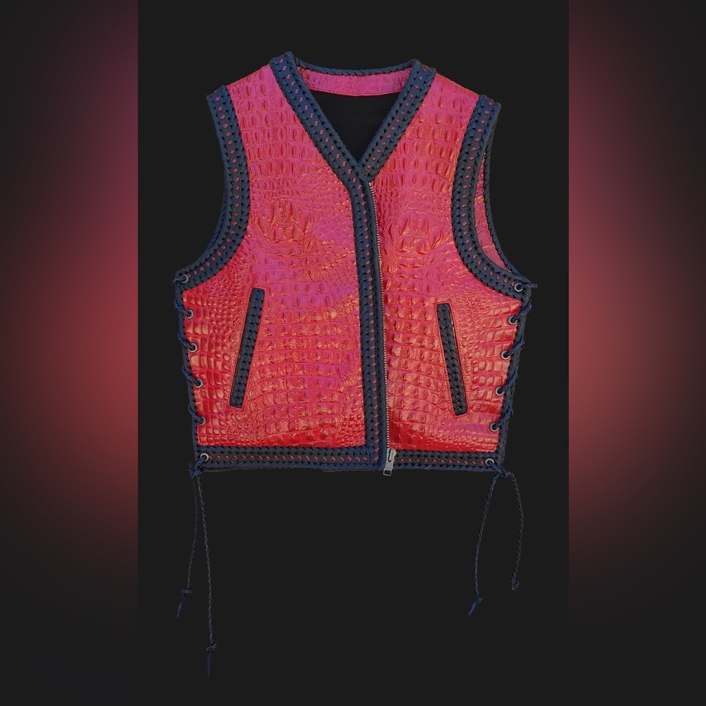 Red Gator Embossed Leather Vest Men's Motorcycle Concealed Carry Leather Vest